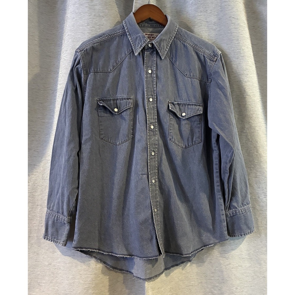 VTG 90s Wrangler Rugged Wear Pearl Snap Western Cowboy Denim‎ Shirt M Workwear
